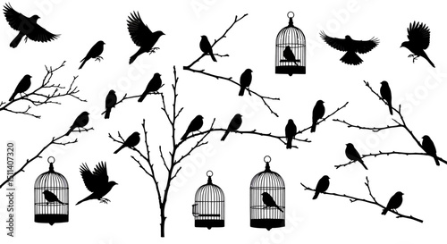 Silhouette Birds on Branches and in Cages A Monochromatic Illustration