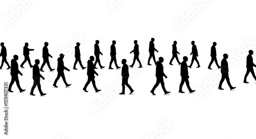 Silhouette Illustration A Stream of Walking People, Crowd Movement, Vector Graphic