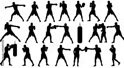 Collection of Boxing Silhouettes Diverse Poses and Techniques for Athletes, Artists, and Designers