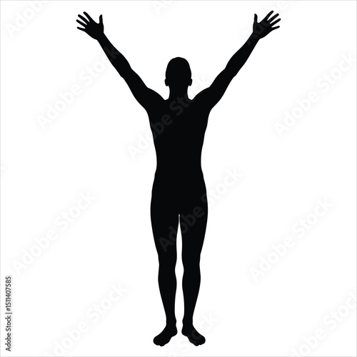 Black silhouette vector of a standing human figure with both arms raised upward toward the sky