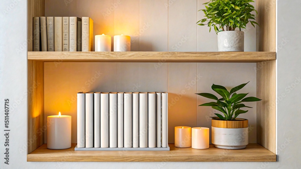 Fototapeta premium Wooden bookshelf with books, potted plants, and glowing candles in cozy interior setting 