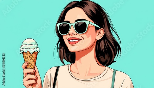 Pop art portrait featuring brunette woman wearing oversized sunglasses, smiling while savoring colorful ice cream against vibrant turquoise backdrop