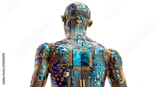 Futuristic humanoid figure with intricate circuit designs, white isolated background.