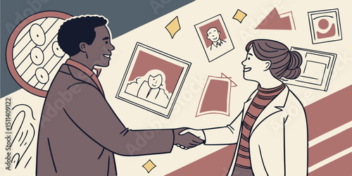 business man and woman shaking hands in happiness  of dealing done vector illustration.