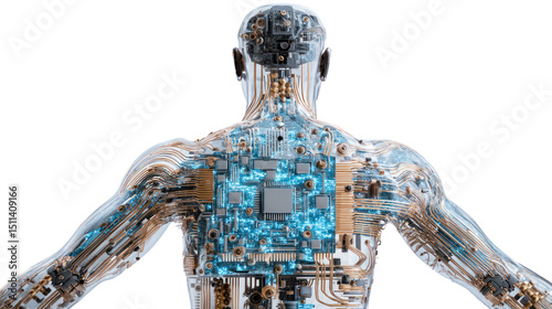 Futuristic humanoid form with exposed circuitry, white isolate background.