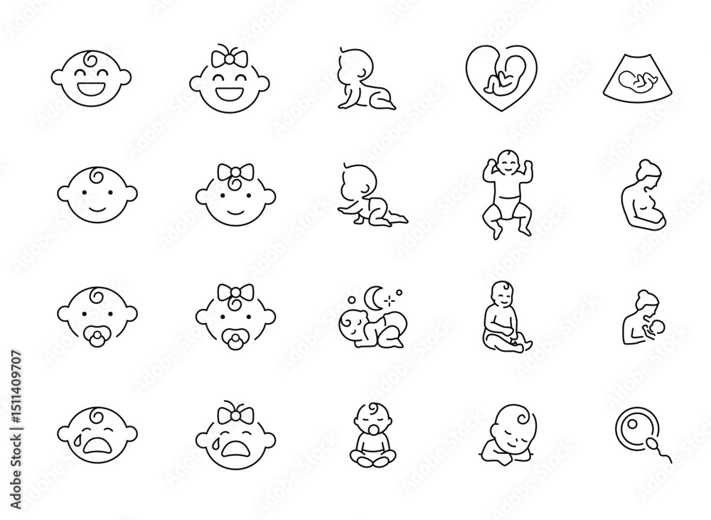 Fototapeta premium Baby, Child, and Pregnancy Line Icons. Newborn Care, Motherhood, Family Love, Breastfeeding, Fertility, Ultrasound, Insemination, Parent Symbols, Cute Kids and Emoticons Set.