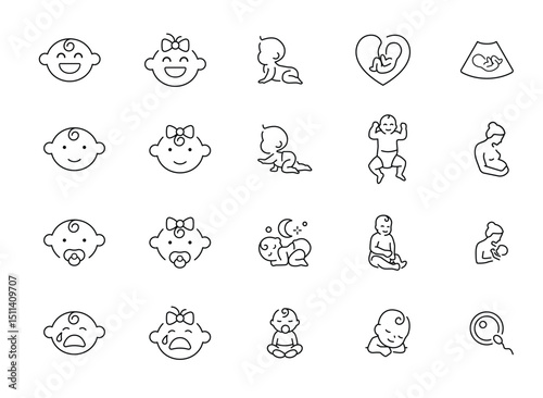 Baby, Child, and Pregnancy Line Icons. Newborn Care, Motherhood, Family Love, Breastfeeding, Fertility, Ultrasound, Insemination, Parent Symbols, Cute Kids and Emoticons Set.