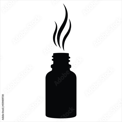 Black silhouette vector of a small essential oil bottle with vapor or scent lines rising gracefully from the opening