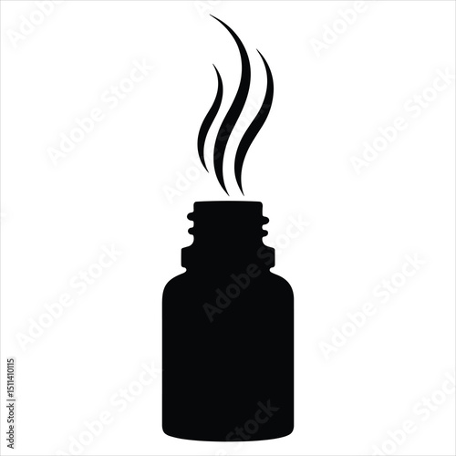 Black silhouette vector of a small essential oil bottle with vapor or scent lines rising gracefully from the opening
