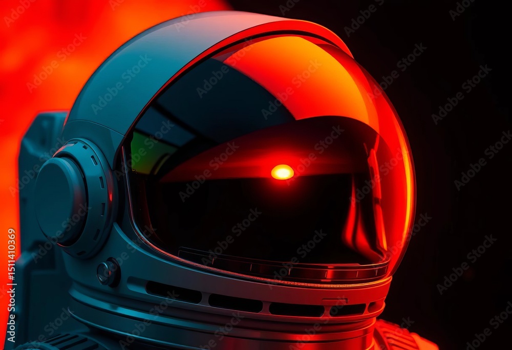 Fototapeta premium Helmet reflecting fiery sunset, astronaut visor, reflection, glow
