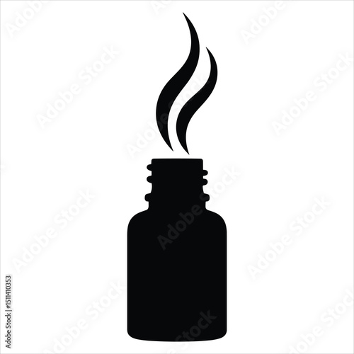 Black silhouette vector of a small essential oil bottle with vapor or scent lines rising gracefully from the opening