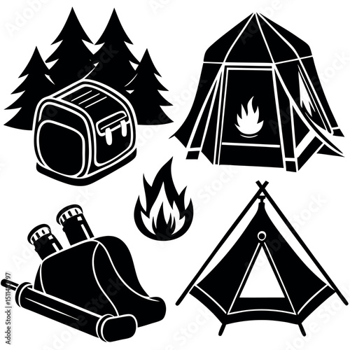 Camping Essentials Tent, Backpack, Fire, and Stove Icons