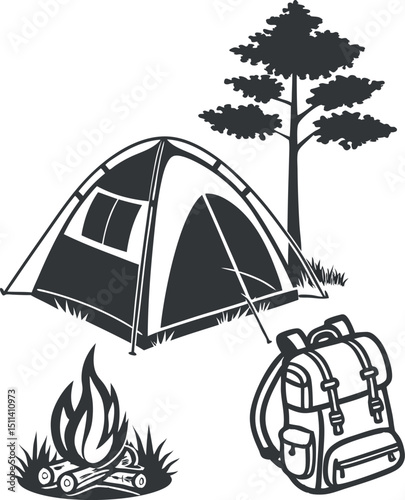 Camping Adventure Tent, Fire, Backpack, and Pine Tree