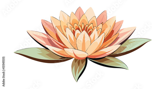 PeachColored Lotus Blossom with Green Sepals on a White Background