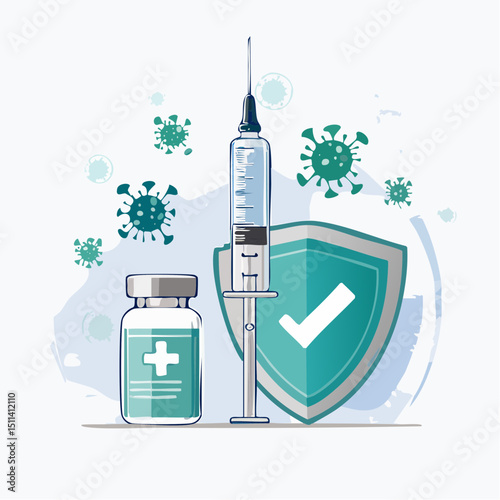 Vector of a vaccine syringe and vial with surrounding health icons, representing vaccination, immunity, and medical protection. photo