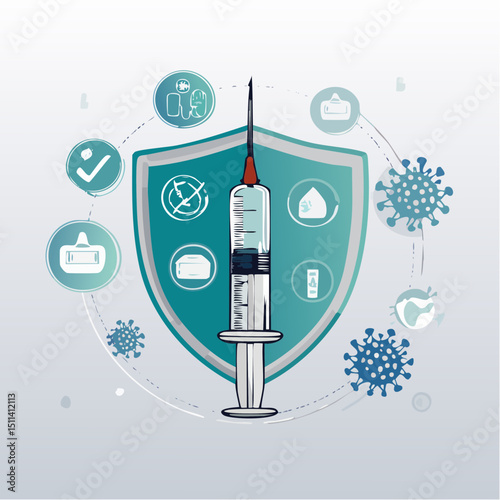 Vector of a vaccine syringe and vial with surrounding health icons, representing vaccination, immunity, and medical protection.