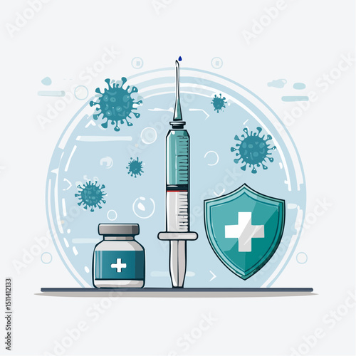 Vector of a vaccine syringe and vial with surrounding health icons, representing vaccination, immunity, and medical protection.