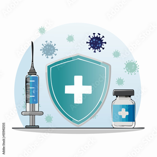 Vector of a vaccine syringe and vial with surrounding health icons, representing vaccination, immunity, and medical protection.