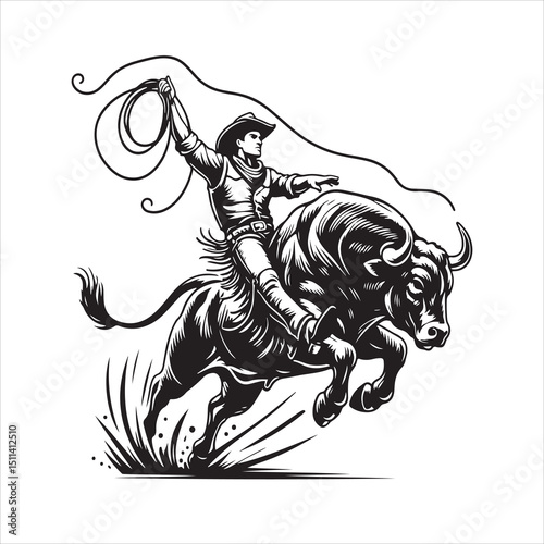 Bull Rodeo Showdown – Cowboy Riding a Bucking Bull in Action

