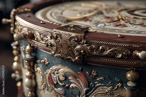 An elaborately detailed close-up of an elaborate hand drum. Generative Ai
