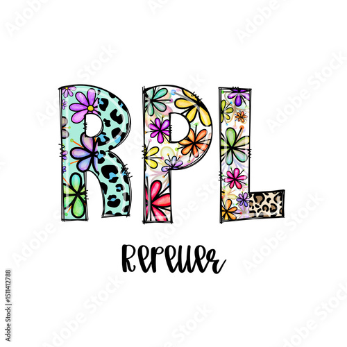 Colorful Floral and Leopard Print Letters RPL with "Perrier" Text