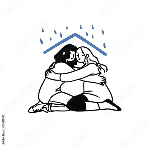 Two People Embracing Under a Protective Roof, Symbolizing Shelter, Comfort, and Support Amid Challenges in a Monochrome Vector Illustration