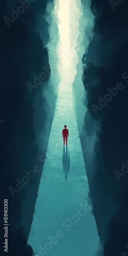 Surreal minimalist surfing adventure turquoise ocean digital art tranquil environment wide view conceptual exploration