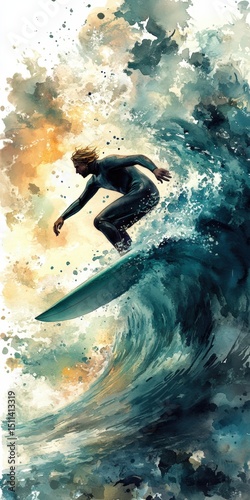 Surfer riding teal ocean wave beach watercolor painting vibrant atmosphere aerial view dynamic movement