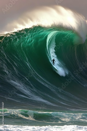 Epic surfing action aerial view of a lone surfer riding a massive wave at sunset on the ocean