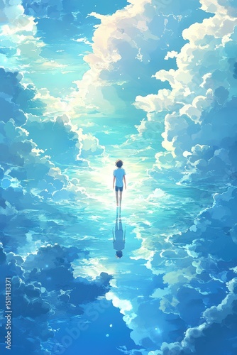 Surreal minimalist surfer in a turquoise ocean dreamlike landscape digital art tranquil atmosphere