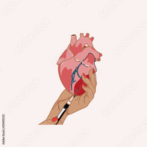 Hand Holding a Syringe Injecting a Human Heart, Symbolizing Medical Treatment, Cardiac Care, and Healthcare Intervention in Vector Art