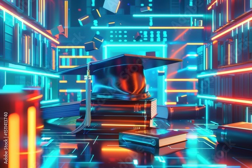 Cyberpunk graduation celebration virtual library digital art futuristic environment close-up view academic achievement