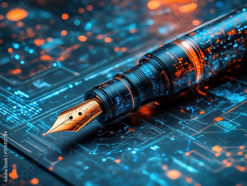 Innovative writing techniques with cyberpunk fountain pen on parchment scroll futuristic office digital art close-up view