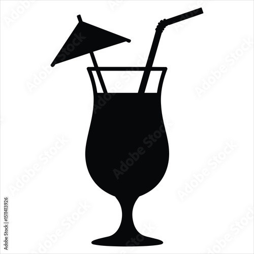 Black silhouette vector of a single pina colada glass with straw and umbrella