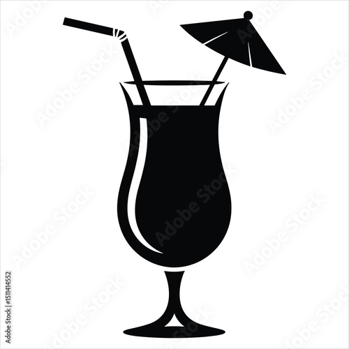Black silhouette vector of a single pina colada glass with straw and umbrella