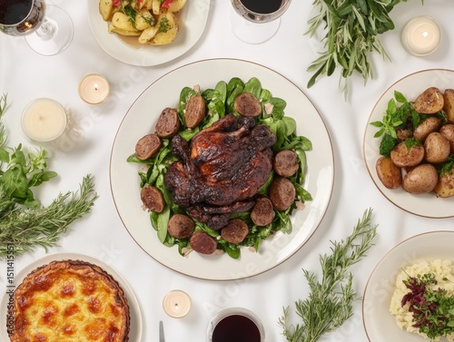 Romantic french dinner coq au vin intimate setting food elegant table top view culinary experience
