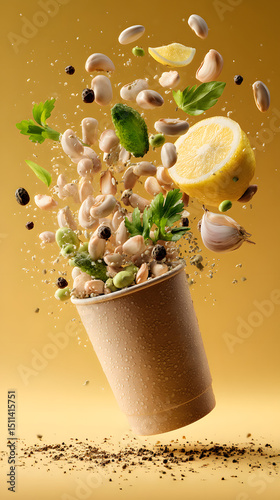 Fresh Salad Ingredient: A dynamic capture of fresh, vibrant salad ingredients seemingly suspended mid-air above a craft container. This shot conveys freshness and the joy of cooking