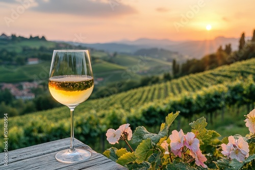 Sunset wine glass on vineyard terrace