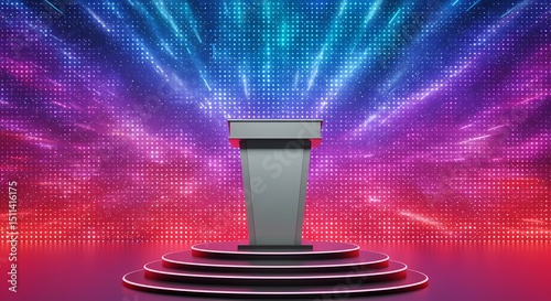 Illuminated Stage with Podium and Colorful Light Display for Presentations and Events Backdrop