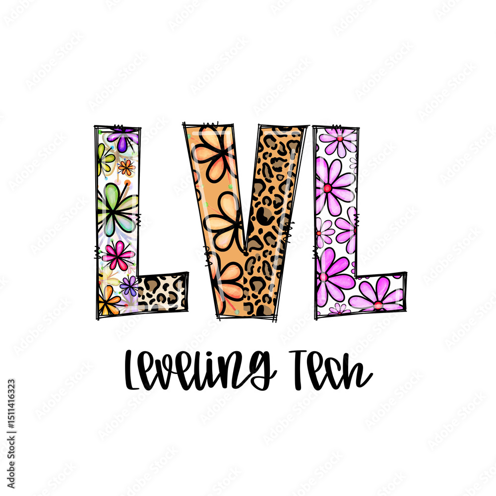 Fototapeta premium Lvl Leveling Tech Design with Flowers and Leopard Print