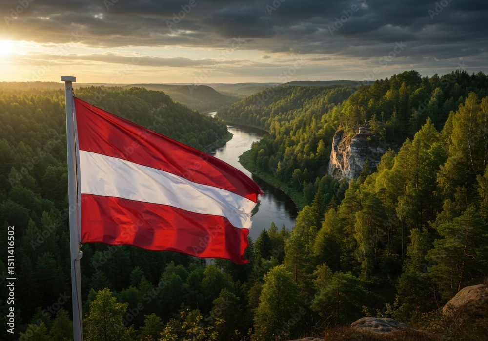 custom made wallpaper toronto digitalWaving Latvian Flag Symbolizing Baltic Resilience Amidst the Forested Gauja River Valley Landscape