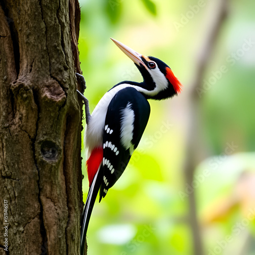 Rare Ivory Billed Woodpecker Clinging to Ancient Swamp Forest Tree Trunk Its Striking Black and White Plumage Standing Out in the Lush Verdant Environment
