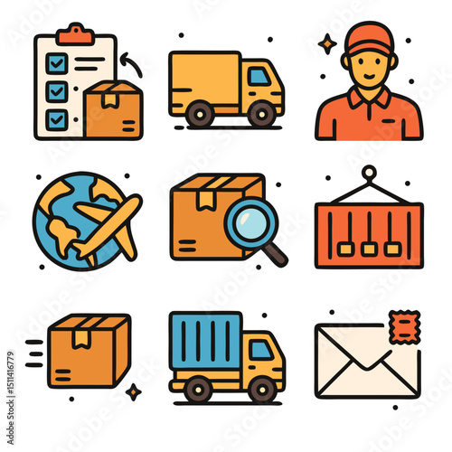 Shipping service icons illustrate nine concepts related to shipping and delivery.