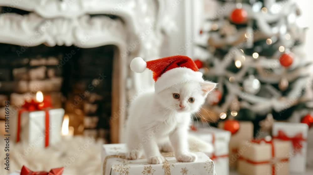 A small white kitten wearing a Christmas hat is perched atop a wrapped gift. The scene is set near a fireplace and a Christmas tree decorated with ornaments and warm lights, evoking a festive
