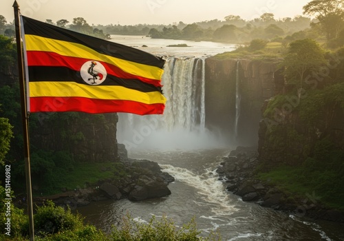 Waving Ugandan Flag Symbolizing Pearl of Africa At the Powerful Murchison Falls on the Nile River