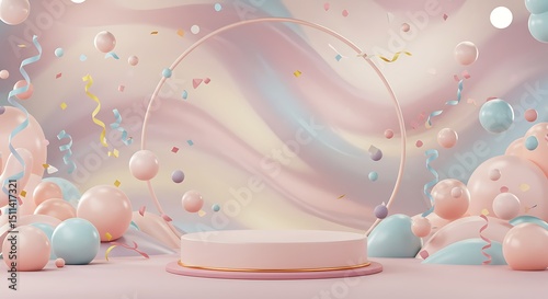 Pastel Podium with Confetti and Spheres for Product Presentation or Celebration Background in a Dreamy and Whimsical Style