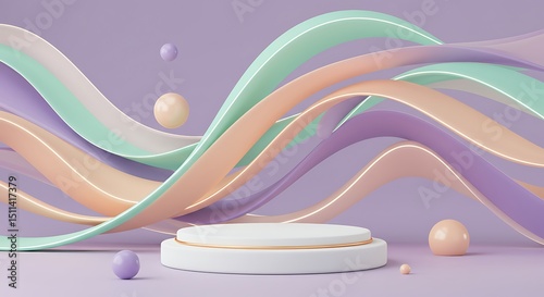 Pastel Product Display Podium with Abstract Waves and Spheres Background