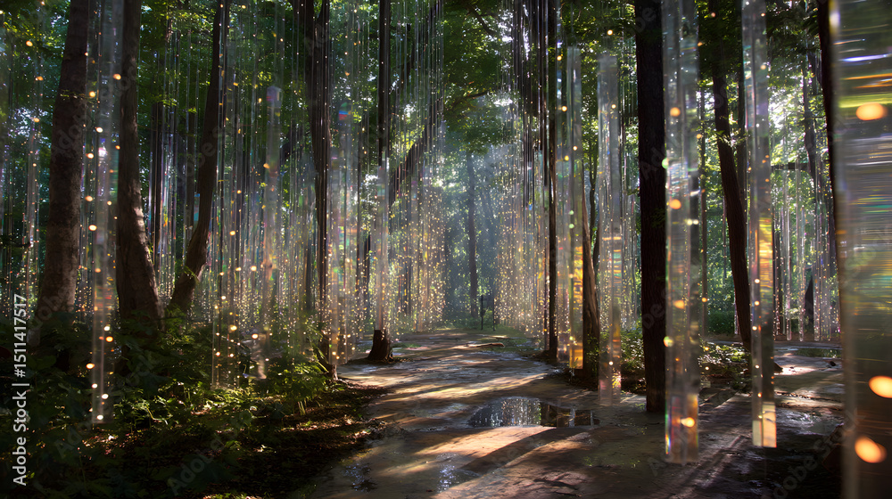 Fototapeta premium Enchanted Forest Path: Sunlight filters through a canopy of trees, illuminating a magical path adorned with shimmering, hanging light installations.