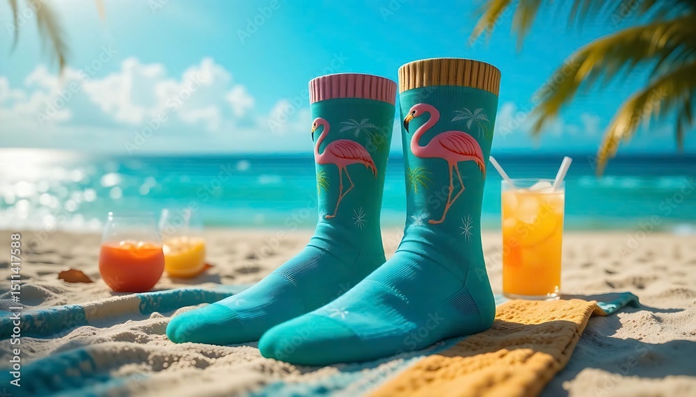 a pair of tropical vacation socks. The socks have vibrant flamingo and palm tree motifs in white thread stitching. The pair of socks are laid on a sandy beach towel with ocean and tropical drinks 