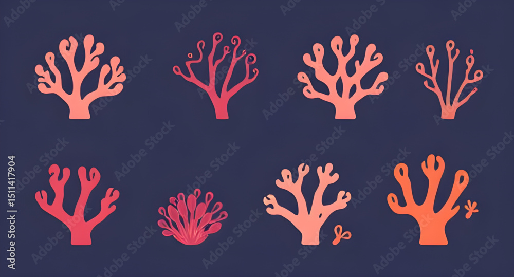Fototapeta premium Coral art elements, Coral marine graphic set, Coral icon pack, Coral illustration set, Coral reef vector pack, Coral underwater art set.